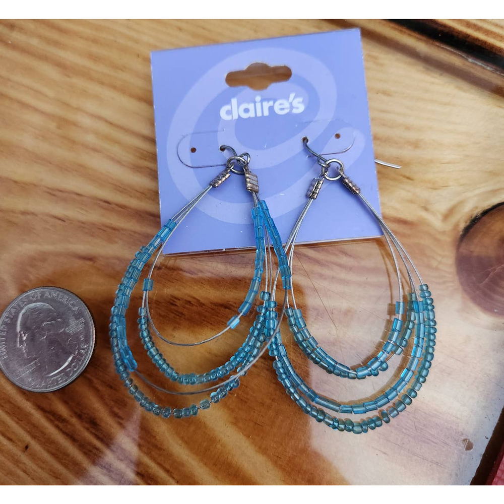 Blue Beaded Multiple Strand Teardrop Hook Earrings